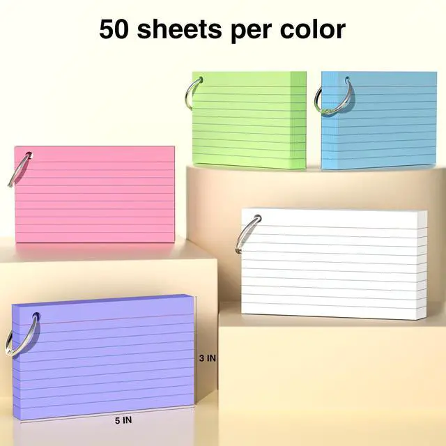 Alt view image 5 of 7 - 250 Count Colored Index Cards 3x5 Inch with Key Ring, 180gsm Heavy Weight Flash Cards 5 Color (50 Sheets Each) Portable Note Taking for Students, Teachers, Study Note Cards for Office School Supplies