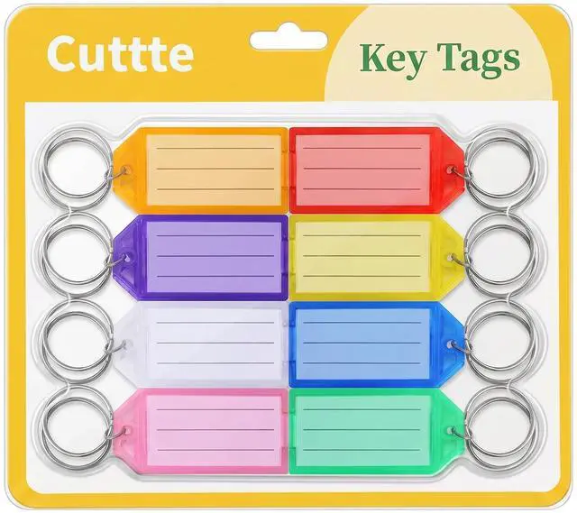 Main image of Cuttte 16 Pack Plastic Key Tags, Key Labels with Ring and Label Window, 8 Colors