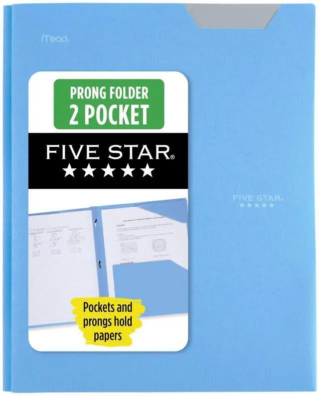 Main image of Five Star 2-Pocket Folder, Plastic Folder with Stay-Put Tabs and Prong Fasteners, Holds 8-1/2" x 11" Paper, Pacific Blue (72115)