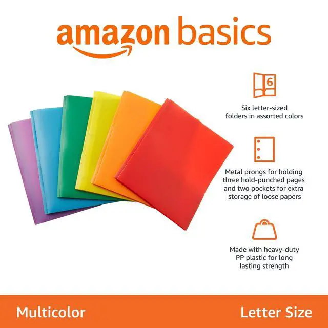 Alt view image 2 of 5 - Amazon Basics Heavy Duty Plastic Folders with 2 Pockets for Letter Size Paper, Assorted Colors, Pack of 6