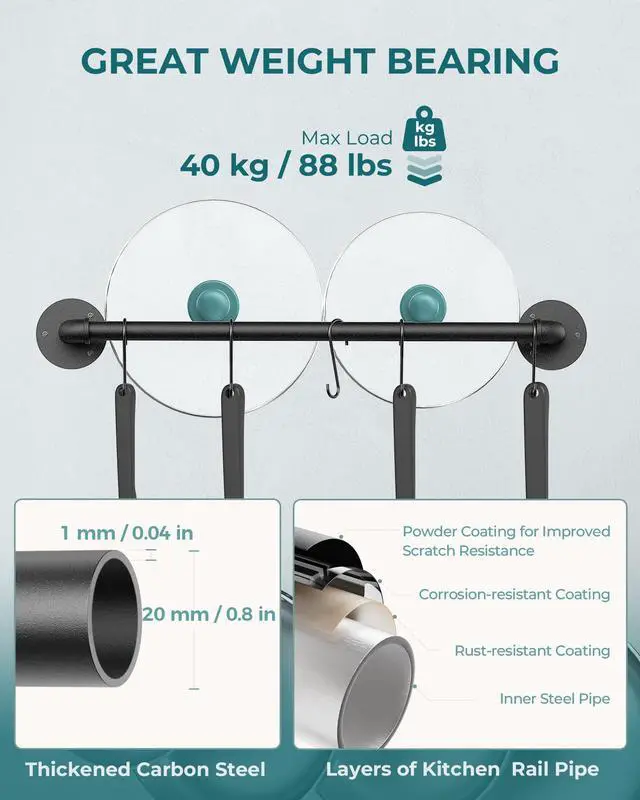 Alt view image 5 of 7 - OROPY 21'' Pot Rack Wall Mounted, Iron Pipe Hanging Rack, 10 S Hooks, 2Pack