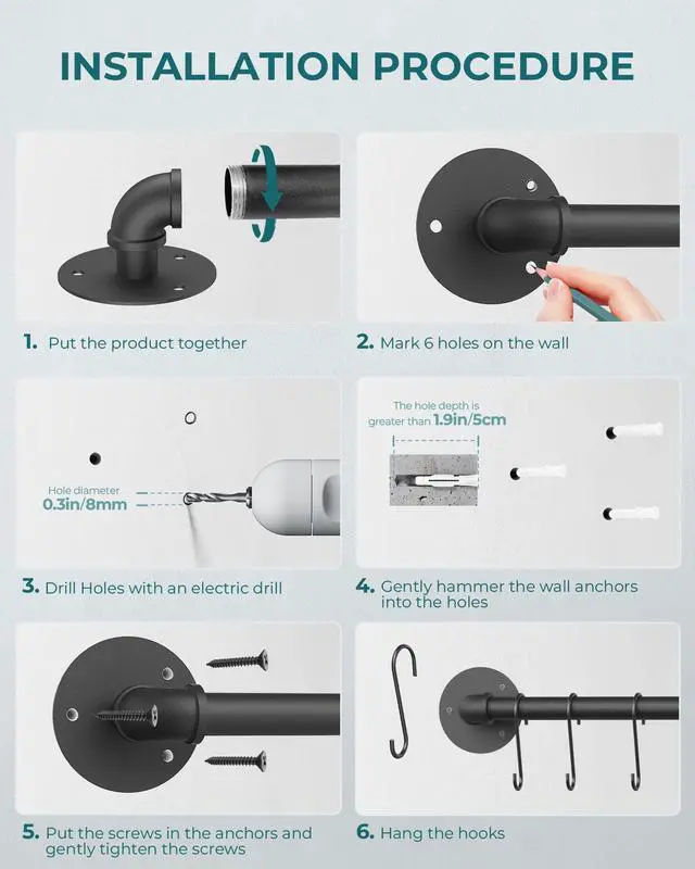 Alt view image 6 of 7 - OROPY 21'' Pot Rack Wall Mounted, Iron Pipe Hanging Rack, 10 S Hooks, 2Pack