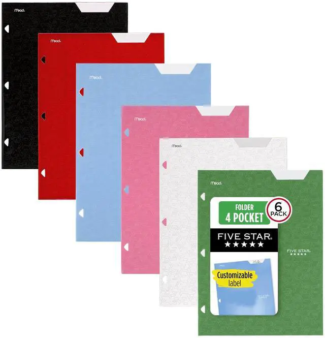 Main image of Five Star 4-Pocket Folder, 6 Pack, Paper Folder, Fits 3-Ring Binders, Holds 8-1/2" x 11" Paper, Assorted Colors (38058)