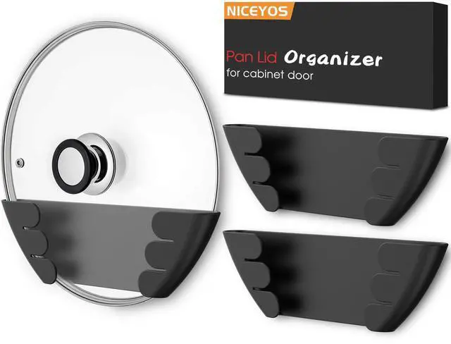 Main image of Universal Pot Lid Organizer for Cabinet - Upgraded Patented Niceyos 3 Pack Inside Cabinet Door Wall Mount Pan Top Storage Organizer Rack Holder for Kitchen, Fits 6" to 13" (Black)