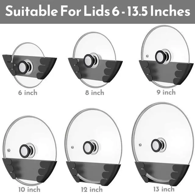 Alt view image 2 of 6 - Universal Pot Lid Organizer for Cabinet - Upgraded Patented Niceyos 3 Pack Inside Cabinet Door Wall Mount Pan Top Storage Organizer Rack Holder for Kitchen, Fits 6" to 13" (Black)
