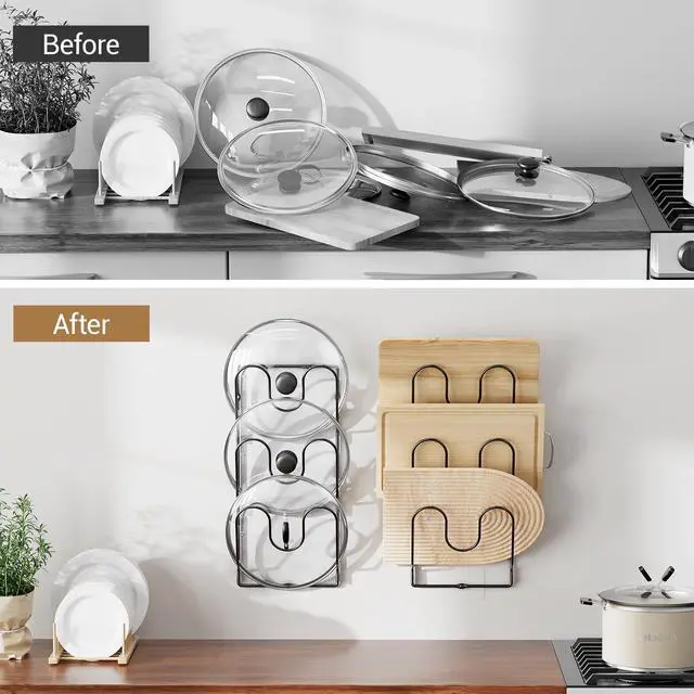 Alt view image 2 of 7 - ORDORA 2 Pack Pot Lid Organizer Rack for Cabinet Door, 6-Tier Pot Lid Holders inside Cabinet, No Drilling Adhesive Wall Door Mounted Rustproof Pots and Pans Cover Organizers for Kitchen Storage, Black
