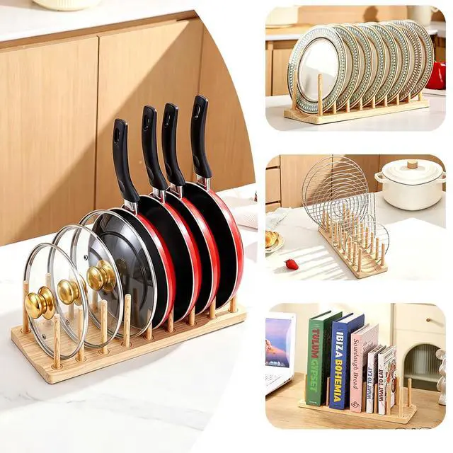 Alt view image 3 of 7 - HOMQUEN Pot Lid Organizer, Sturdy Plastic Pan Lid Organizer Rack, 8 Adjustable Compartments - For Cabinet and Countertop, Pot Lids, Pans, Plates, Bowls, Cups, Cutting Boards and Books