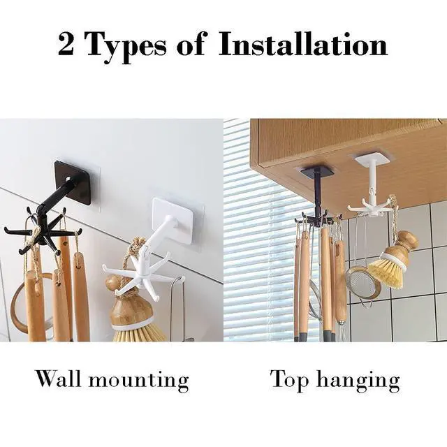 Alt view image 2 of 7 - 365Home Hanging Utensil Holder Hooks Kitchen Utensil Hanger Wall Mount 360 Degrees Rotating Folding Hook Self Adhesive Hook Utensil Rack with 6 Hooks for Kitchen Bathroom Cabinet (4 Black)