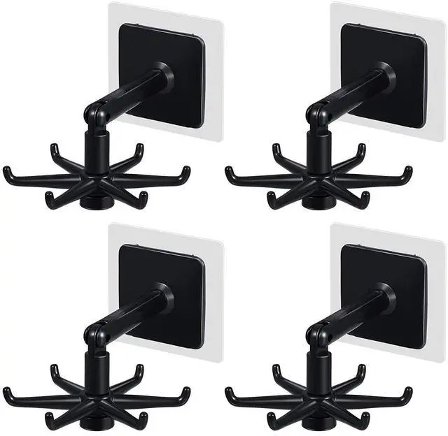Main image of 365Home Hanging Utensil Holder Hooks Kitchen Utensil Hanger Wall Mount 360 Degrees Rotating Folding Hook Self Adhesive Hook Utensil Rack with 6 Hooks for Kitchen Bathroom Cabinet (4 Black)