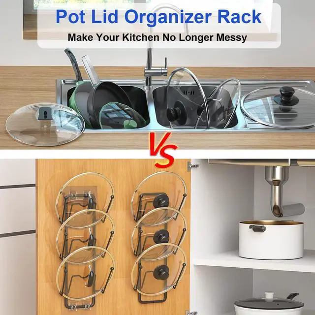 Alt view image 3 of 6 - Carry360 2 Pack Pot Lid Organizer for Cabinet, 2 in 1 Wall Mount & Adhesive Pot Lid Holder Rack for Kitchen Storage 6 Tier Pan Lid Organizer for Easy & Tidy Kitchen Organization