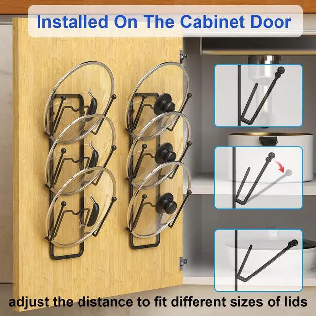 Alt view image 4 of 6 - Carry360 2 Pack Pot Lid Organizer for Cabinet, 2 in 1 Wall Mount & Adhesive Pot Lid Holder Rack for Kitchen Storage 6 Tier Pan Lid Organizer for Easy & Tidy Kitchen Organization