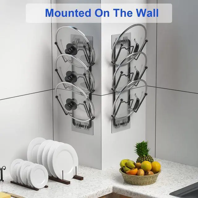 Alt view image 6 of 6 - Carry360 2 Pack Pot Lid Organizer for Cabinet, 2 in 1 Wall Mount & Adhesive Pot Lid Holder Rack for Kitchen Storage 6 Tier Pan Lid Organizer for Easy & Tidy Kitchen Organization