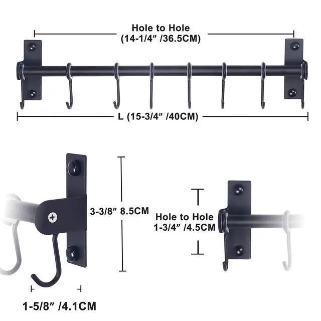 Alt view image 2 of 7 - Dseap Kitchen Utensil Holder Hanger, Pot and Pan Rack Wall Mount, Kitchen Rail with 8 Hooks for Hanging Cooking Utensils, Mugs, Spoons, Wall Mounted, Stainless Steel, Black
