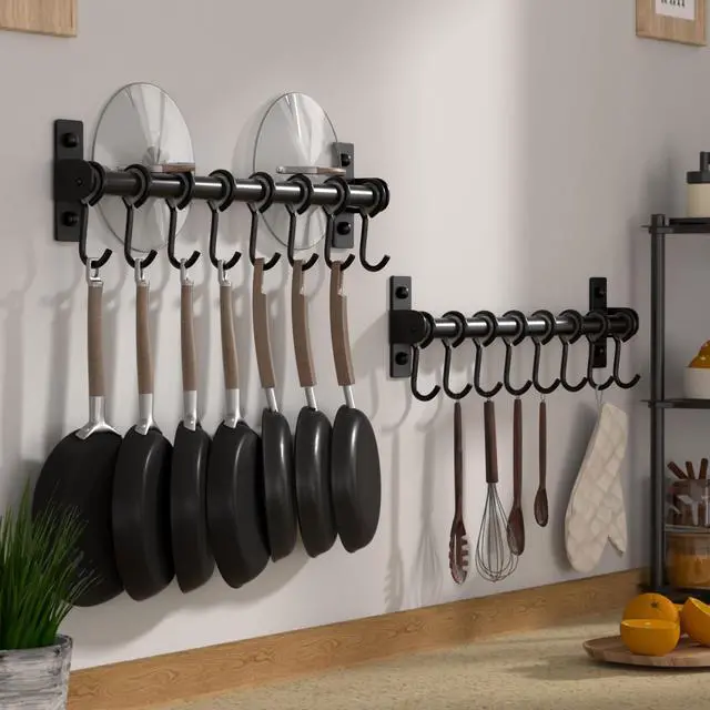 Alt view image 3 of 7 - Dseap Kitchen Utensil Holder Hanger, Pot and Pan Rack Wall Mount, Kitchen Rail with 8 Hooks for Hanging Cooking Utensils, Mugs, Spoons, Wall Mounted, Stainless Steel, Black
