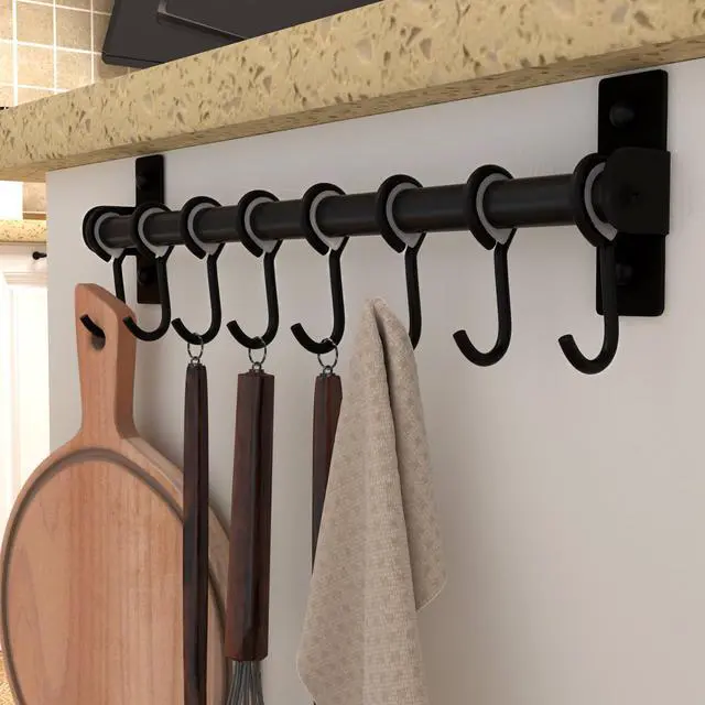 Alt view image 4 of 7 - Dseap Kitchen Utensil Holder Hanger, Pot and Pan Rack Wall Mount, Kitchen Rail with 8 Hooks for Hanging Cooking Utensils, Mugs, Spoons, Wall Mounted, Stainless Steel, Black