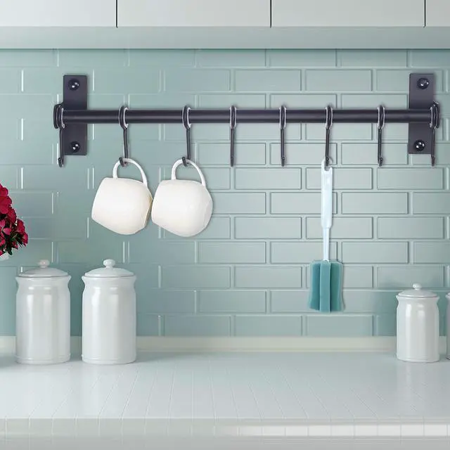 Alt view image 5 of 7 - Dseap Kitchen Utensil Holder Hanger, Pot and Pan Rack Wall Mount, Kitchen Rail with 8 Hooks for Hanging Cooking Utensils, Mugs, Spoons, Wall Mounted, Stainless Steel, Black