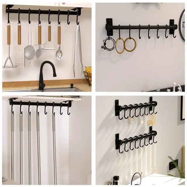 Alt view image 6 of 7 - Dseap Kitchen Utensil Holder Hanger, Pot and Pan Rack Wall Mount, Kitchen Rail with 8 Hooks for Hanging Cooking Utensils, Mugs, Spoons, Wall Mounted, Stainless Steel, Black