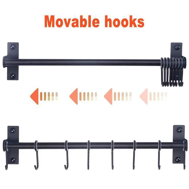 Alt view image 7 of 7 - Dseap Kitchen Utensil Holder Hanger, Pot and Pan Rack Wall Mount, Kitchen Rail with 8 Hooks for Hanging Cooking Utensils, Mugs, Spoons, Wall Mounted, Stainless Steel, Black