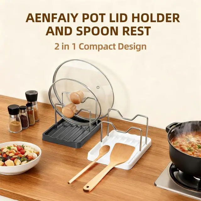Alt view image 2 of 7 - Aenfaiy 2 in 1 Pot Lid Holder & Spoon Rest for Kitchen Counter, Plastic Utensil Rest with Stainless Steel Pan Lid Holder Organizer While Cooking, Countertop Space Saving Pot Cover Rack | Easy to Clean