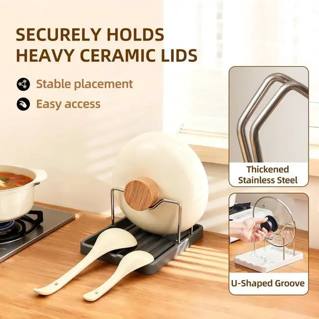 Alt view image 3 of 7 - Aenfaiy 2 in 1 Pot Lid Holder & Spoon Rest for Kitchen Counter, Plastic Utensil Rest with Stainless Steel Pan Lid Holder Organizer While Cooking, Countertop Space Saving Pot Cover Rack | Easy to Clean