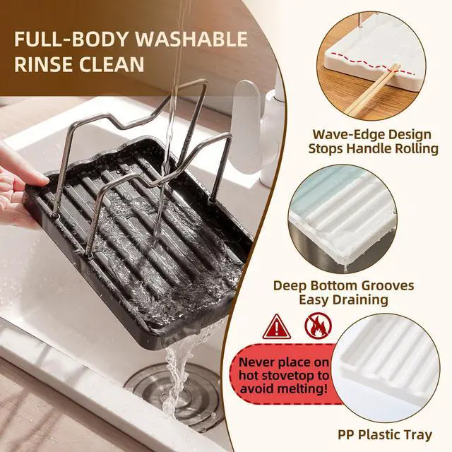 Alt view image 4 of 7 - Aenfaiy 2 in 1 Pot Lid Holder & Spoon Rest for Kitchen Counter, Plastic Utensil Rest with Stainless Steel Pan Lid Holder Organizer While Cooking, Countertop Space Saving Pot Cover Rack | Easy to Clean
