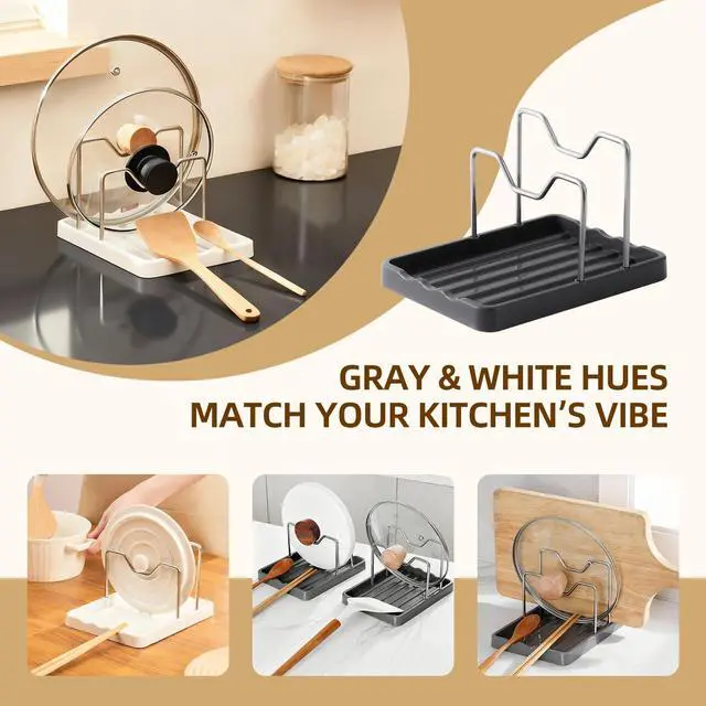 Alt view image 6 of 7 - Aenfaiy 2 in 1 Pot Lid Holder & Spoon Rest for Kitchen Counter, Plastic Utensil Rest with Stainless Steel Pan Lid Holder Organizer While Cooking, Countertop Space Saving Pot Cover Rack | Easy to Clean