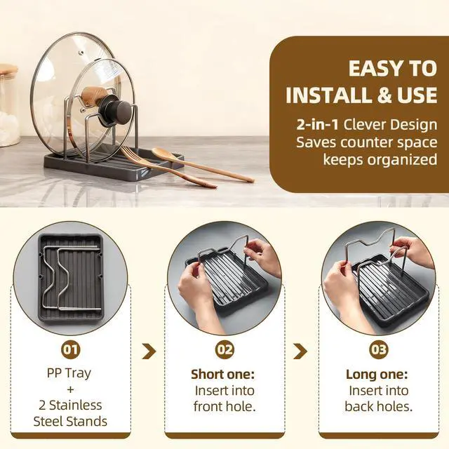 Alt view image 7 of 7 - Aenfaiy 2 in 1 Pot Lid Holder & Spoon Rest for Kitchen Counter, Plastic Utensil Rest with Stainless Steel Pan Lid Holder Organizer While Cooking, Countertop Space Saving Pot Cover Rack | Easy to Clean