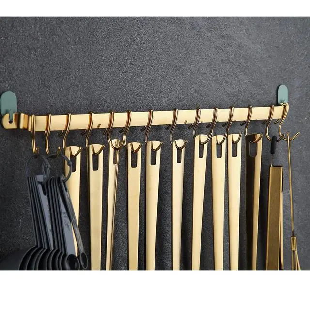 Alt view image 3 of 5 - Kyraton Kitchen Utensil Rack, Kitchen Rack With Gold Titanium Plating,Rail Rack Organizer for Hanging Knives,Wall Mounted Gourmet Kitchen Rail with 14 Hooks