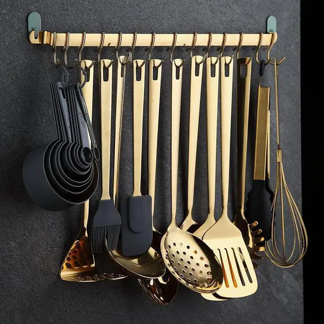 Alt view image 4 of 5 - Kyraton Kitchen Utensil Rack, Kitchen Rack With Gold Titanium Plating,Rail Rack Organizer for Hanging Knives,Wall Mounted Gourmet Kitchen Rail with 14 Hooks