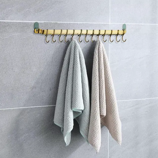 Alt view image 5 of 5 - Kyraton Kitchen Utensil Rack, Kitchen Rack With Gold Titanium Plating,Rail Rack Organizer for Hanging Knives,Wall Mounted Gourmet Kitchen Rail with 14 Hooks