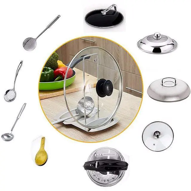 Alt view image 3 of 7 - Pot Lid Holder Spoon Rest,Stainless Steel Utensils Pan Pot Cover Lid Rack Stand Organizer,Multifunctional Storage Soup Spoon Rests Rack Kitchen Decor Tool