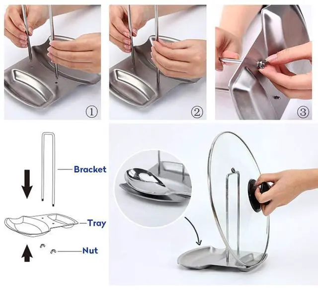 Alt view image 5 of 7 - Pot Lid Holder Spoon Rest,Stainless Steel Utensils Pan Pot Cover Lid Rack Stand Organizer,Multifunctional Storage Soup Spoon Rests Rack Kitchen Decor Tool