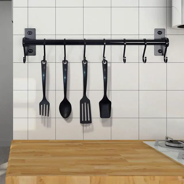Alt view image 5 of 7 - Dseap Kitchen Utensil Holder Hanger, Pot and Pan Rack Wall Mounted, Kitchen Rail with 8 Hooks for Hanging Cooking Utensils, Mugs, Spoons, Wall Mounted, Black