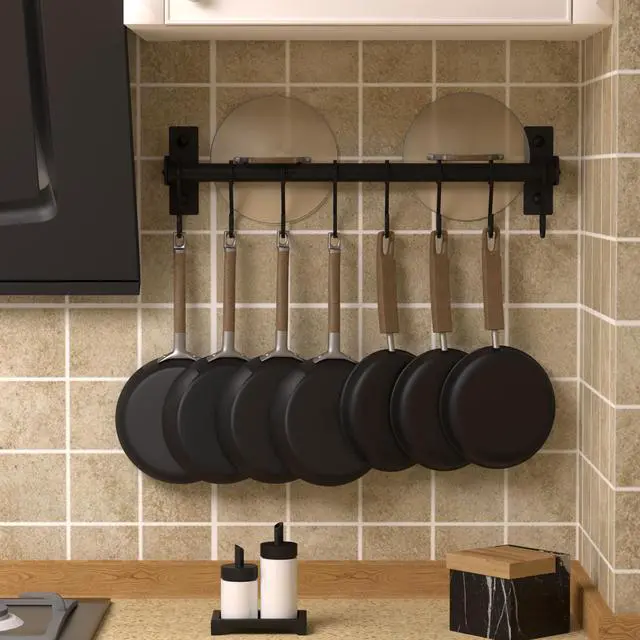 Alt view image 2 of 7 - Dseap Kitchen Utensil Holder Hanger, Pot and Pan Rack Wall Mounted, Kitchen Rail with 8 Hooks for Hanging Cooking Utensils, Mugs, Spoons, Wall Mounted, Black
