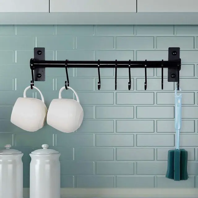Alt view image 4 of 7 - Dseap Kitchen Utensil Holder Hanger, Pot and Pan Rack Wall Mounted, Kitchen Rail with 8 Hooks for Hanging Cooking Utensils, Mugs, Spoons, Wall Mounted, Black
