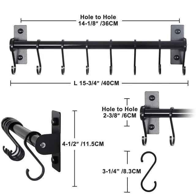 Alt view image 6 of 7 - Dseap Kitchen Utensil Holder Hanger, Pot and Pan Rack Wall Mounted, Kitchen Rail with 8 Hooks for Hanging Cooking Utensils, Mugs, Spoons, Wall Mounted, Black