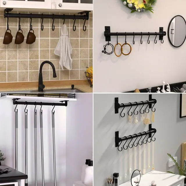 Alt view image 7 of 7 - Dseap Kitchen Utensil Holder Hanger, Pot and Pan Rack Wall Mounted, Kitchen Rail with 8 Hooks for Hanging Cooking Utensils, Mugs, Spoons, Wall Mounted, Black