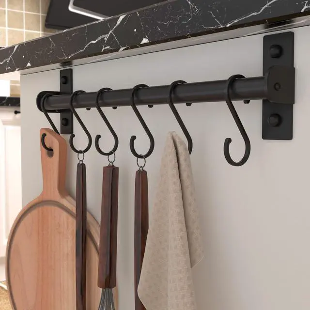 Alt view image 3 of 7 - Dseap Kitchen Utensil Holder Hanger, Pot and Pan Rack Wall Mounted, Kitchen Rail with 8 Hooks for Hanging Cooking Utensils, Mugs, Spoons, Wall Mounted, Black