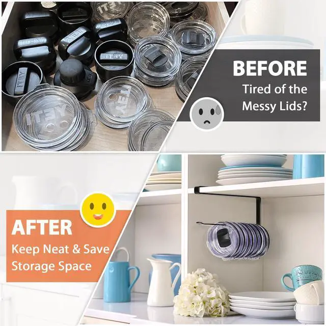 Alt view image 5 of 7 - Tumbler Lid Organizer, Horizontal Tumbler Lid Storage Hook Up to 10 Lids, Space Saving Cup Lid Holders Under Cabinet Tumbler Lid Hook for Kitchen Organizer and Storage,Hanging Paper Towel Rack Hanger