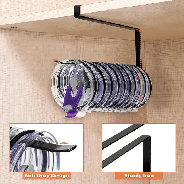 Alt view image 4 of 7 - Tumbler Lid Organizer, Horizontal Tumbler Lid Storage Hook Up to 10 Lids, Space Saving Cup Lid Holders Under Cabinet Tumbler Lid Hook for Kitchen Organizer and Storage,Hanging Paper Towel Rack Hanger