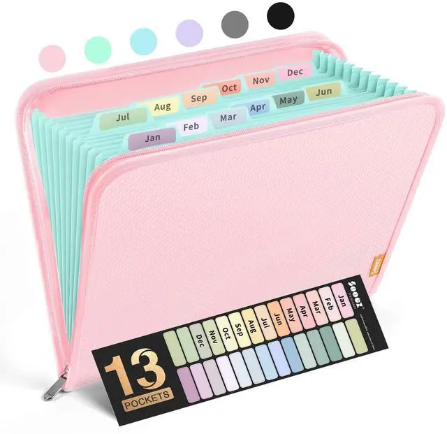 Main image of Sooez 13 Pocket Accordion File Organizer, Zipper Expanding File Folder Organizer, Reinforced Plastic Accordion Folder, A4 Letter Size, Portable Folders for Documents, Pink