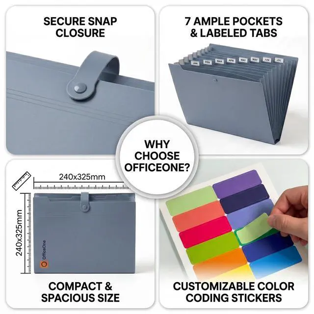 Alt view image 4 of 7 - OfficeOne 8-Pocket Expanding File Folder, A4 Letter Size Accordion Document Organizer with Snap Closure, Labeled Tabs & Customizable Color-Coding Stickers, Home Office School (Slate Blue)