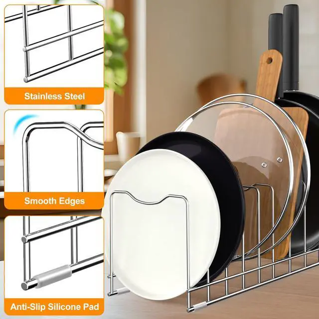 Alt view image 2 of 7 - FLSEPAMB Lid Organizer Pot Lid Organizer 10-Tier Pot Lid Rack Holder Suitable for Bakeware Dish Plate, Cutting Boards, Pots & Pans, Serving Trays, Reusable Containers in Cabinet Pantry (1 Pack)