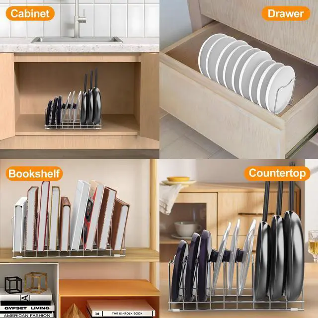 Alt view image 7 of 7 - FLSEPAMB Lid Organizer Pot Lid Organizer 10-Tier Pot Lid Rack Holder Suitable for Bakeware Dish Plate, Cutting Boards, Pots & Pans, Serving Trays, Reusable Containers in Cabinet Pantry (1 Pack)