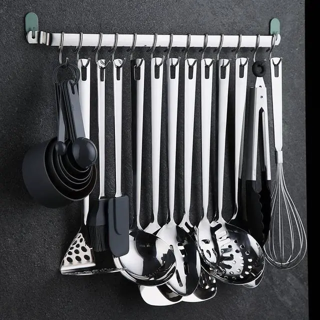 Alt view image 4 of 4 - Kyraton Kitchen Utensil Rail Organizer - Wall Mounted Gourmet Rack With 14 Hooks for Hanging Knives, Mugs, Spatulas, Pots and Utensils