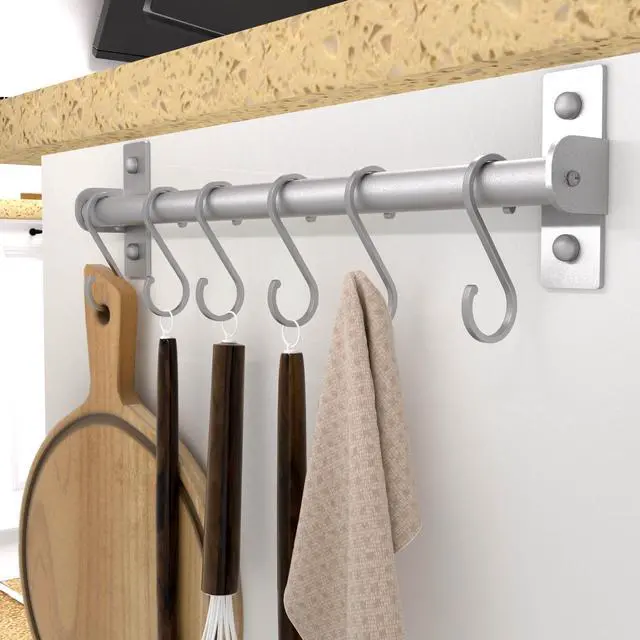 Alt view image 3 of 7 - Dseap Kitchen Utensil Holder Hanger, Pot and Pan Rack Wall Mounted, Kitchen Rail with 8 Hooks for Hanging Cooking Utensils, Mugs, Spoons, Wall Mounted, Silver