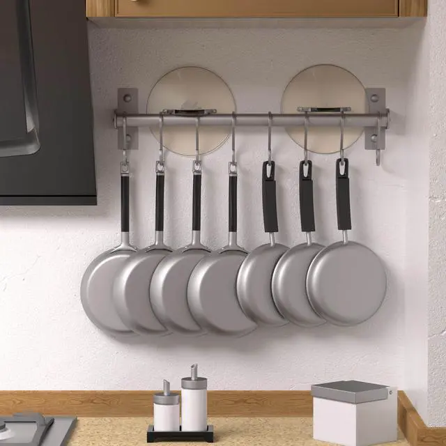 Alt view image 2 of 7 - Dseap Kitchen Utensil Holder Hanger, Pot and Pan Rack Wall Mounted, Kitchen Rail with 8 Hooks for Hanging Cooking Utensils, Mugs, Spoons, Wall Mounted, Silver