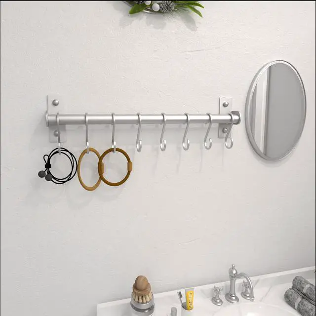 Alt view image 4 of 7 - Dseap Kitchen Utensil Holder Hanger, Pot and Pan Rack Wall Mounted, Kitchen Rail with 8 Hooks for Hanging Cooking Utensils, Mugs, Spoons, Wall Mounted, Silver