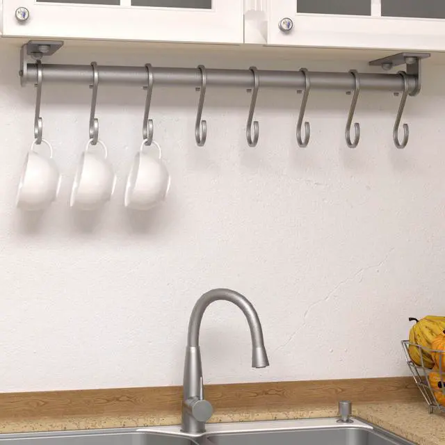Alt view image 5 of 7 - Dseap Kitchen Utensil Holder Hanger, Pot and Pan Rack Wall Mounted, Kitchen Rail with 8 Hooks for Hanging Cooking Utensils, Mugs, Spoons, Wall Mounted, Silver