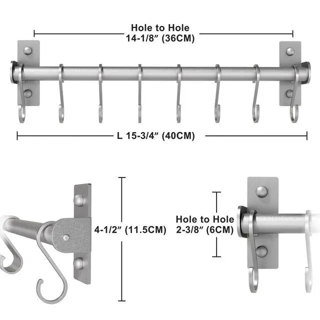 Alt view image 6 of 7 - Dseap Kitchen Utensil Holder Hanger, Pot and Pan Rack Wall Mounted, Kitchen Rail with 8 Hooks for Hanging Cooking Utensils, Mugs, Spoons, Wall Mounted, Silver